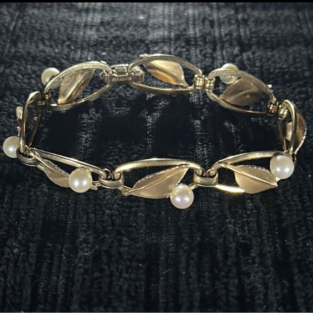 Vintage Krementz Morning Dew Gold Overlay Leaf & Cultured Pearl Bracelet
